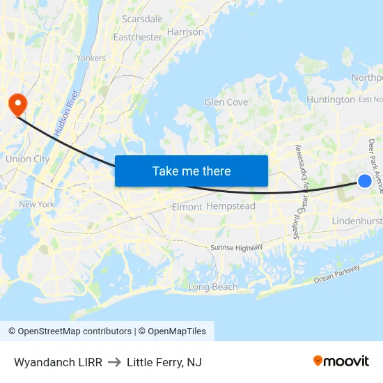 Wyandanch LIRR to Little Ferry, NJ map
