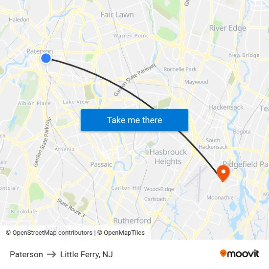 Paterson to Little Ferry, NJ map
