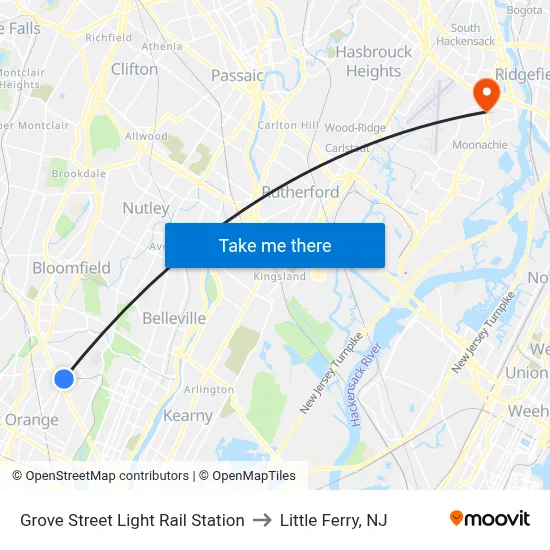 Grove Street Light Rail Station to Little Ferry, NJ map