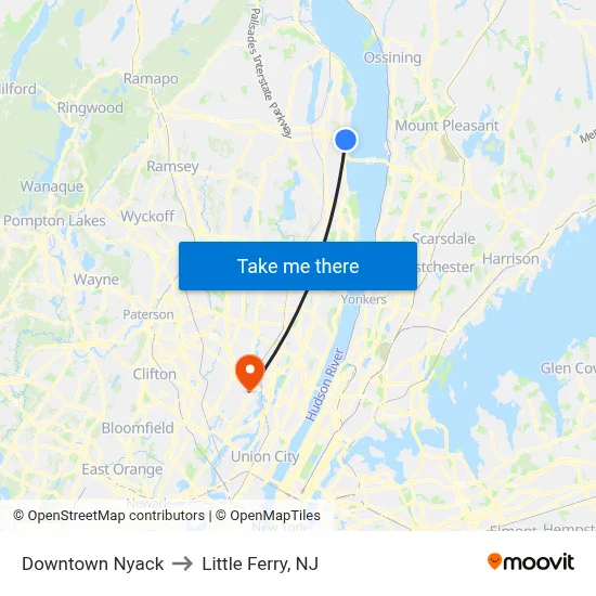 Downtown Nyack to Little Ferry, NJ map
