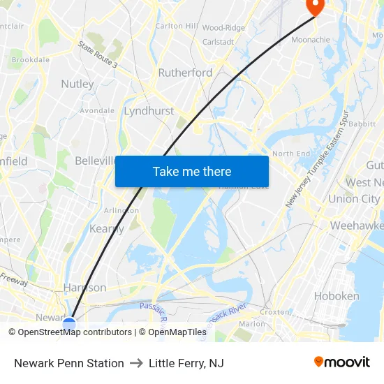 Newark Penn Station to Little Ferry, NJ map