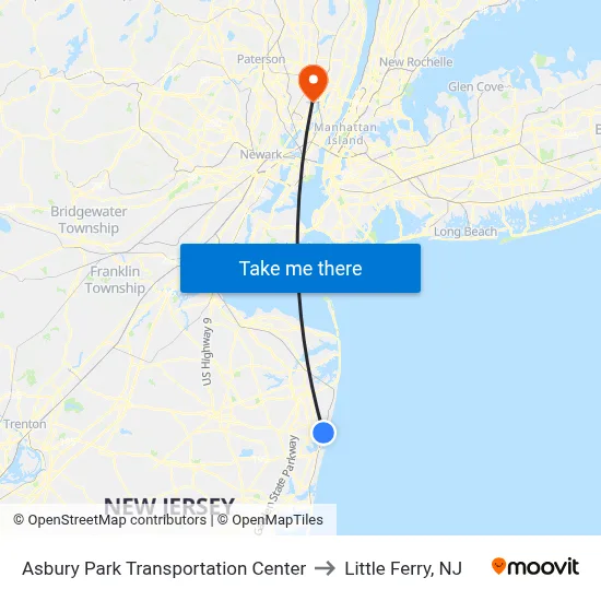 Asbury Park Transportation Center to Little Ferry, NJ map