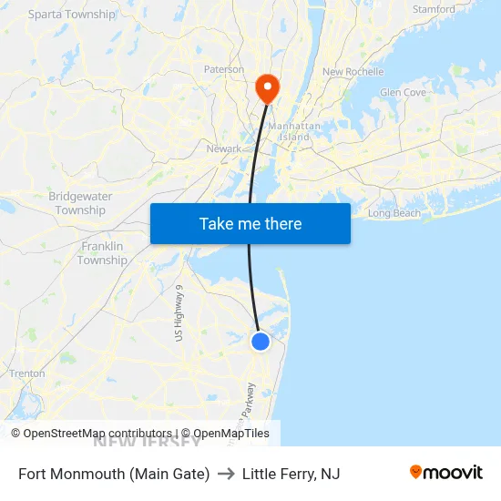 Fort Monmouth (Main Gate) to Little Ferry, NJ map