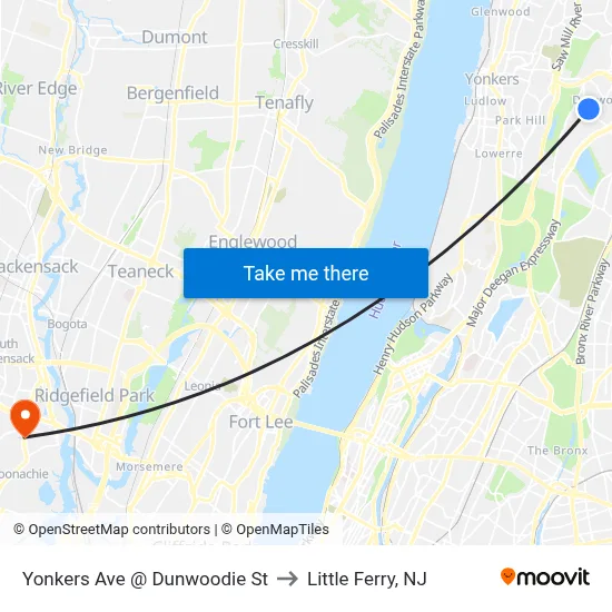 Yonkers Ave @ Dunwoodie St to Little Ferry, NJ map
