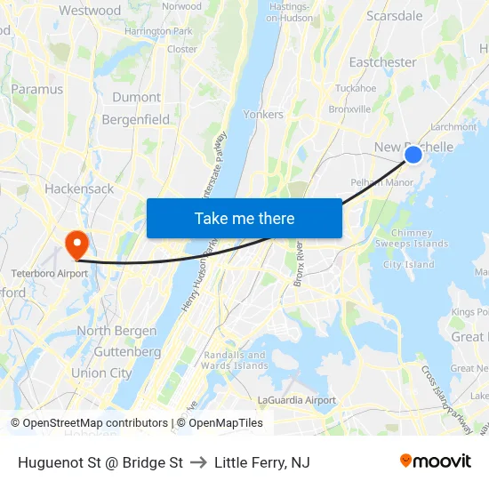 Huguenot St @ Bridge St to Little Ferry, NJ map