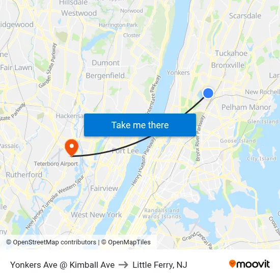 Yonkers Ave @ Kimball Ave to Little Ferry, NJ map