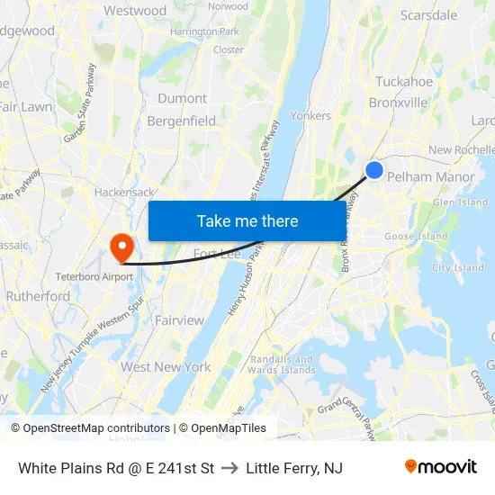White Plains Rd @ E 241st St to Little Ferry, NJ map