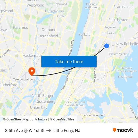 S 5th Ave @ W 1st St to Little Ferry, NJ map