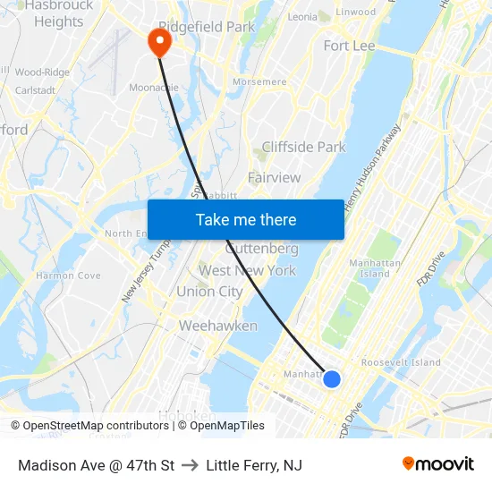 Madison Ave @ 47th St to Little Ferry, NJ map