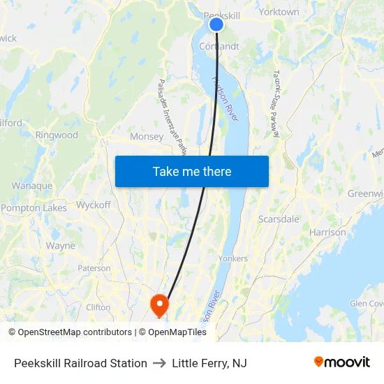 Peekskill Railroad Station to Little Ferry, NJ map
