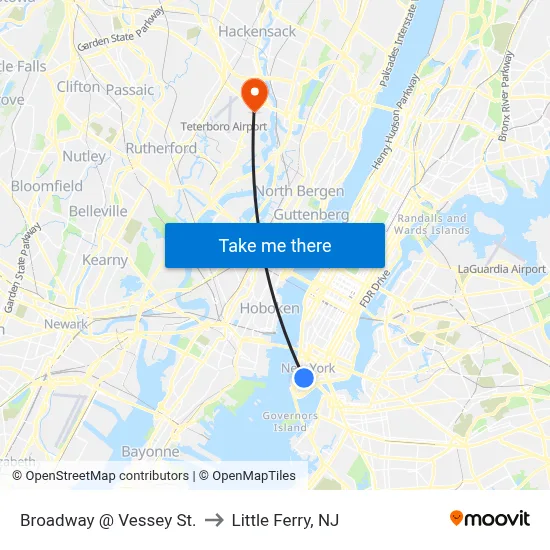 Broadway @ Vessey St. to Little Ferry, NJ map