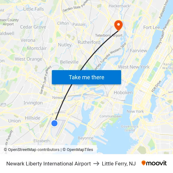 Newark Liberty International Airport to Little Ferry, NJ map