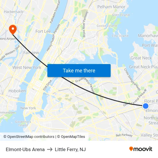 Elmont-Ubs Arena to Little Ferry, NJ map