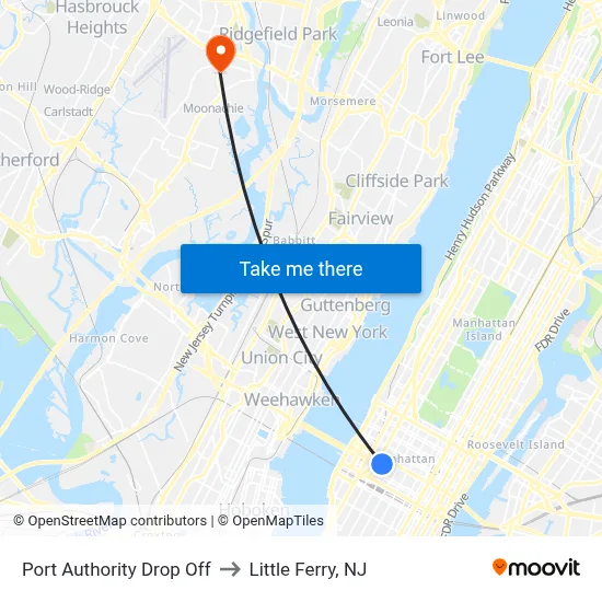 Port Authority Drop Off to Little Ferry, NJ map