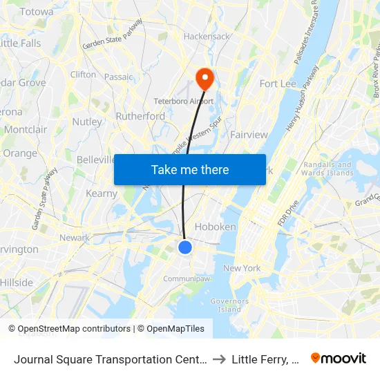 Journal Square Transportation Center to Little Ferry, NJ map