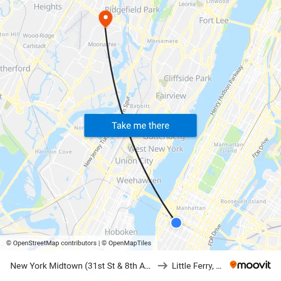 New York Midtown (31st St & 8th Ave) to Little Ferry, NJ map