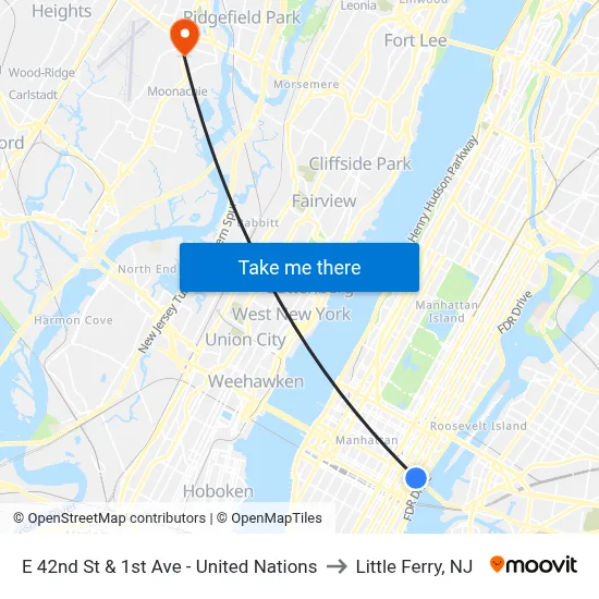 E 42nd St & 1st Ave - United Nations to Little Ferry, NJ map
