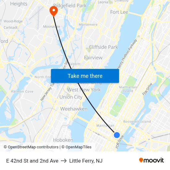 E 42nd St and 2nd Ave to Little Ferry, NJ map