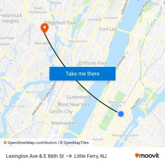 Lexington Ave & E 86th St to Little Ferry, NJ map