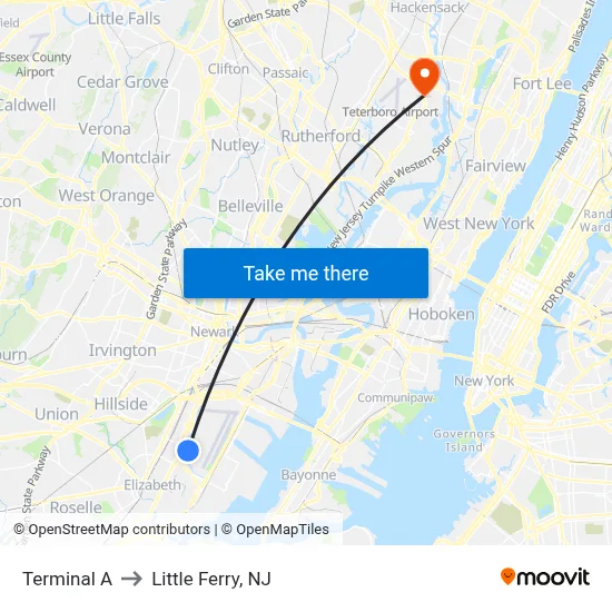 Terminal A to Little Ferry, NJ map