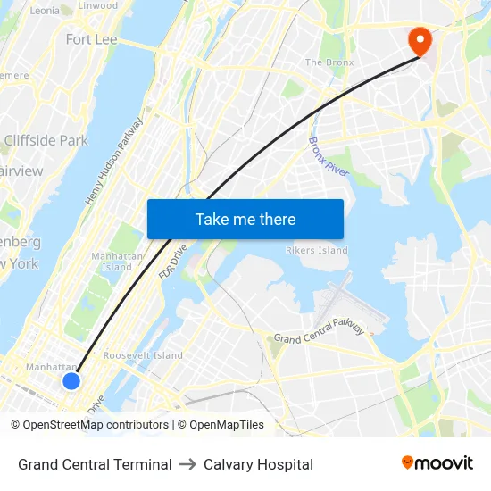 Grand Central Terminal to Calvary Hospital map
