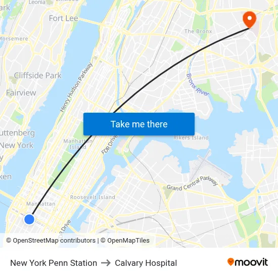 New York Penn Station to Calvary Hospital map