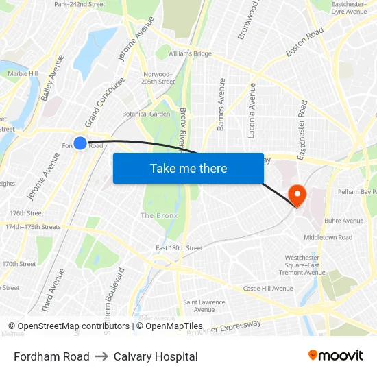 Fordham Road to Calvary Hospital map