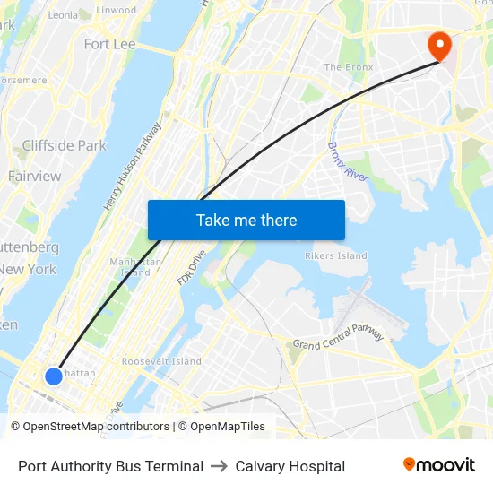 Port Authority Bus Terminal to Calvary Hospital map