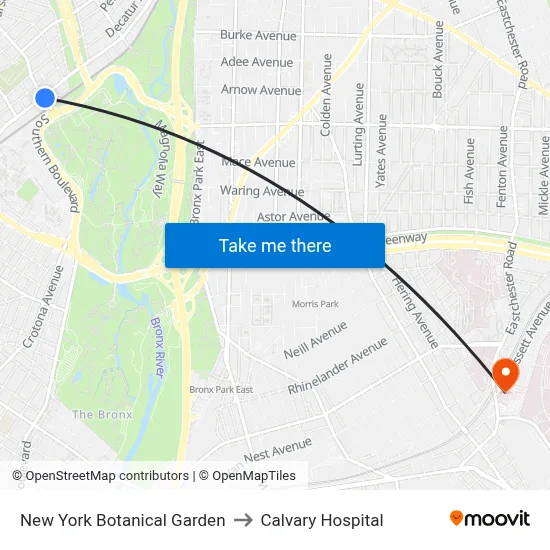 New York Botanical Garden to Calvary Hospital map