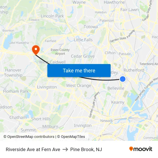 Riverside Ave at Fern Ave to Pine Brook, NJ map