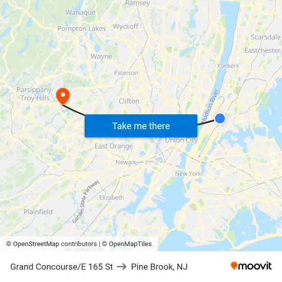 Grand Concourse/E 165 St to Pine Brook, NJ map