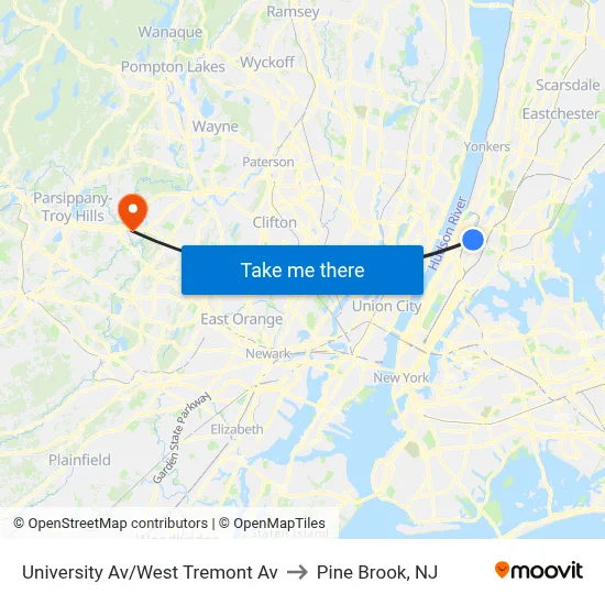 University Av/West Tremont Av to Pine Brook, NJ map