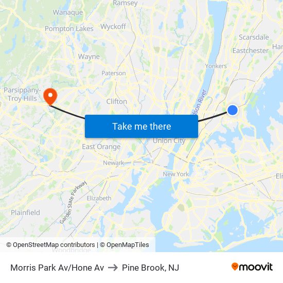 Morris Park Av/Hone Av to Pine Brook, NJ map