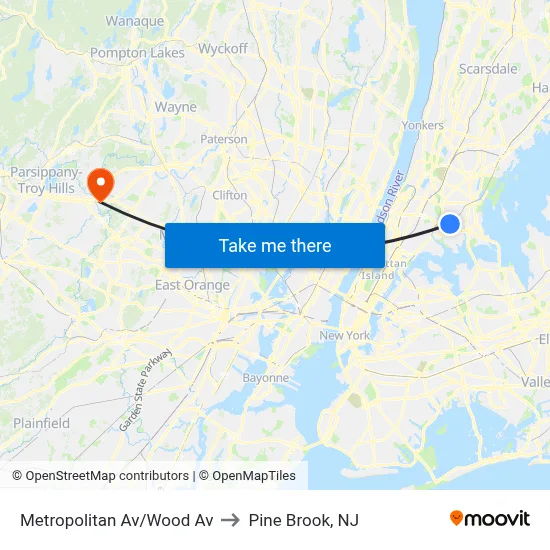 Metropolitan Av/Wood Av to Pine Brook, NJ map