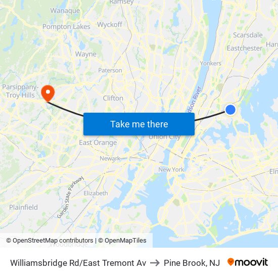 Williamsbridge Rd/East Tremont Av to Pine Brook, NJ map