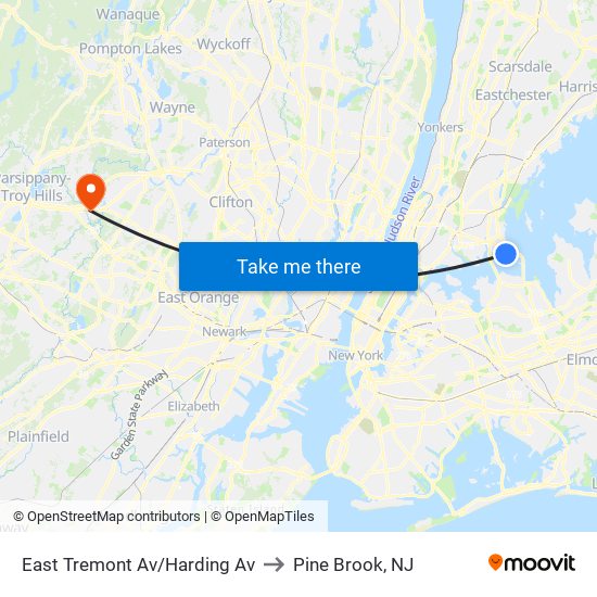 East Tremont Av/Harding Av to Pine Brook, NJ map