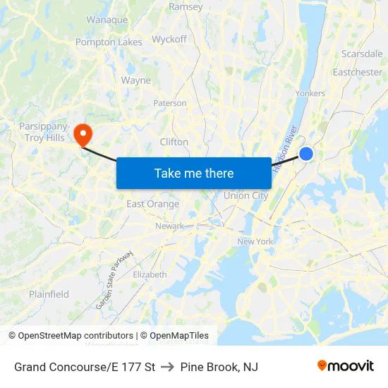 Grand Concourse/E 177 St to Pine Brook, NJ map