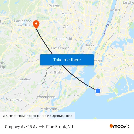 Cropsey Av/25 Av to Pine Brook, NJ map