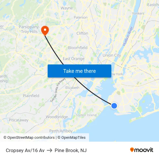 Cropsey Av/16 Av to Pine Brook, NJ map