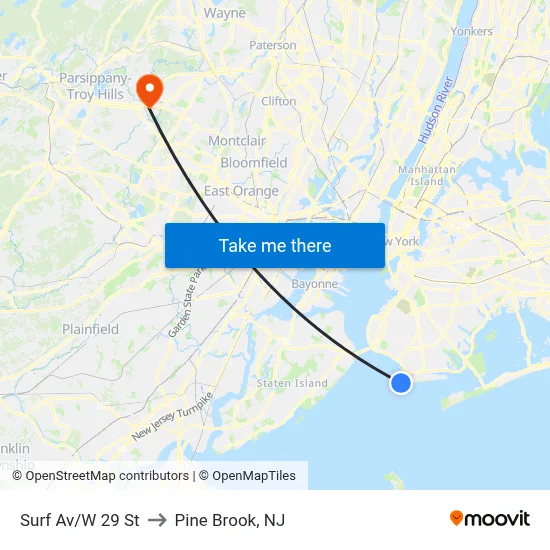 Surf Av/W 29 St to Pine Brook, NJ map