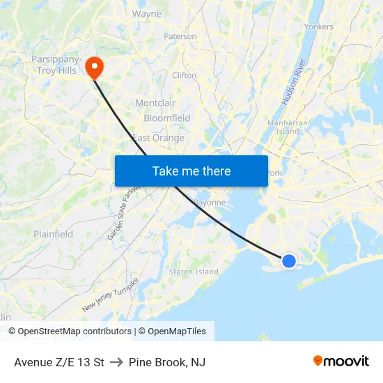 Avenue Z/E 13 St to Pine Brook, NJ map