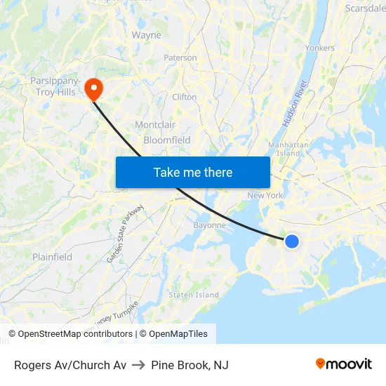 Rogers Av/Church Av to Pine Brook, NJ map