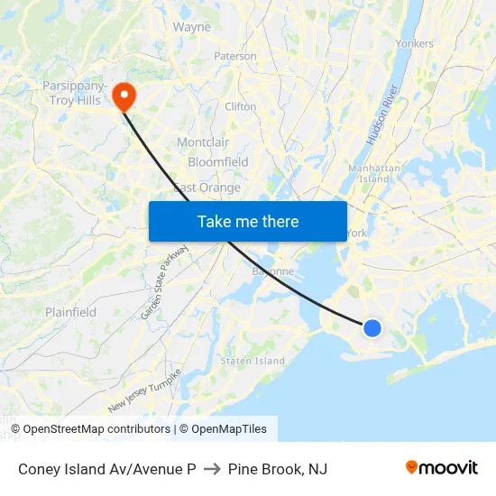 Coney Island Av/Avenue P to Pine Brook, NJ map