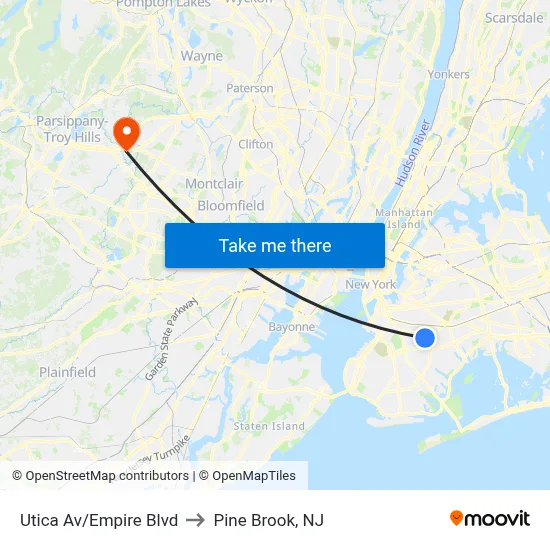 Utica Av/Empire Blvd to Pine Brook, NJ map