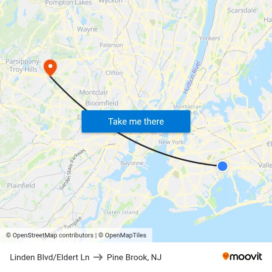 Linden Blvd/Eldert Ln to Pine Brook, NJ map