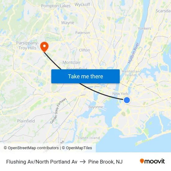 Flushing Av/North Portland Av to Pine Brook, NJ map