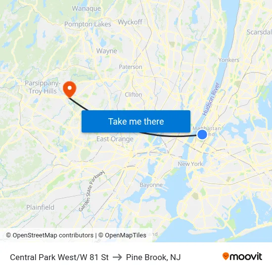 Central Park West/W 81 St to Pine Brook, NJ map