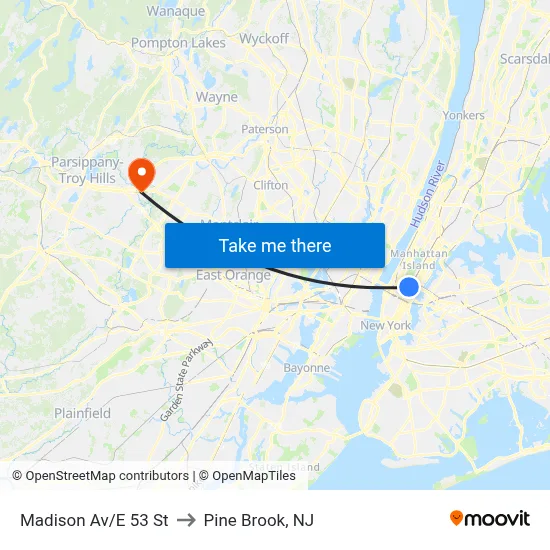 Madison Av/E 53 St to Pine Brook, NJ map