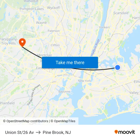 Union St/26 Av to Pine Brook, NJ map