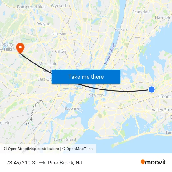 73 Av/210 St to Pine Brook, NJ map